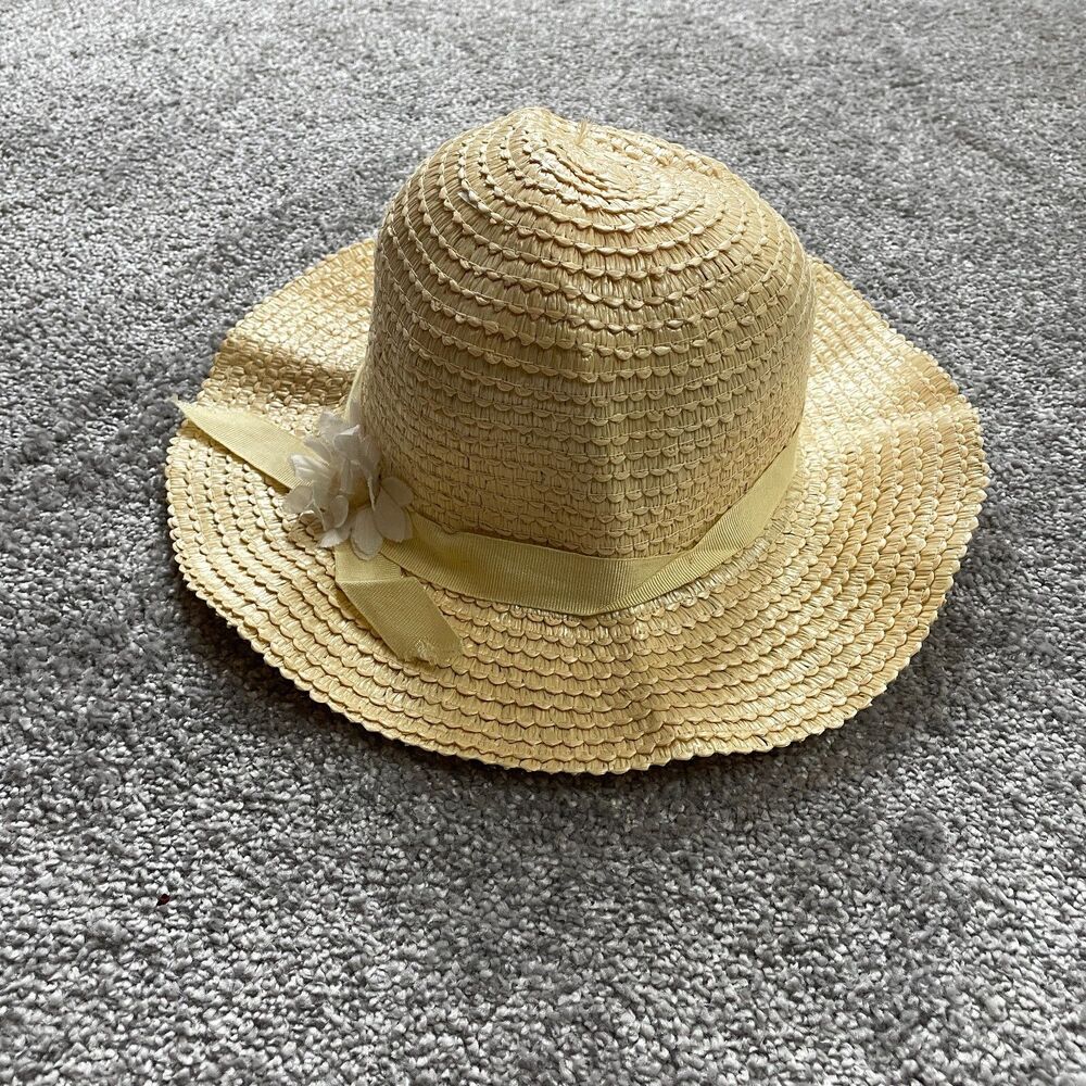 Unbranded Sun Hat Womens One Size Yellow Strap Wide Brim with Floral Ribbon Belt